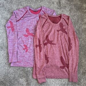 Oiselle Flyte Pink Bird Print Athletic Long Sleeve Shirts Lot of 2